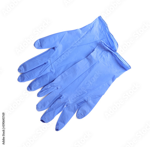 Pair of medical gloves isolated on white, top view