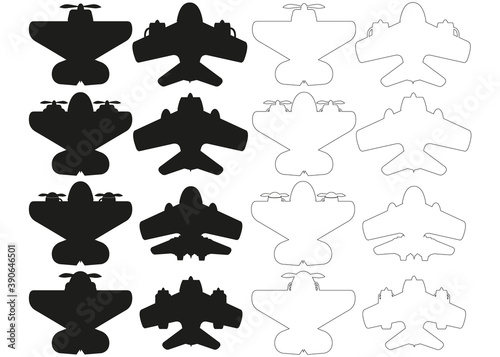 Silhouettes of aircraft. View from above. Isolated on white background. Vector illustration.
