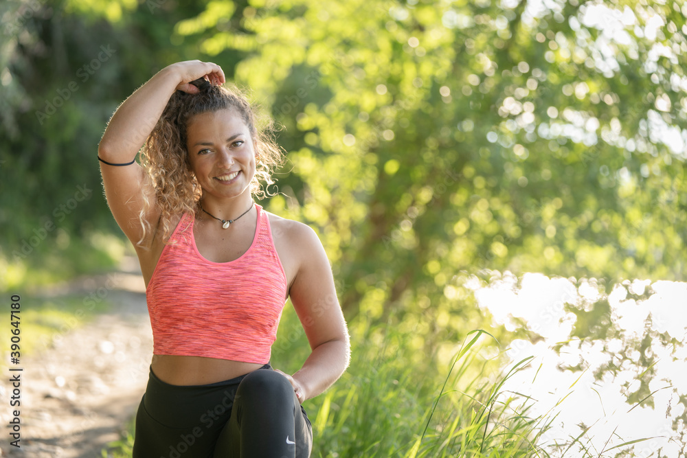 girl or woman doing sports outdoors near a river, nature girl or woman doing sports outdoors near a river, nature