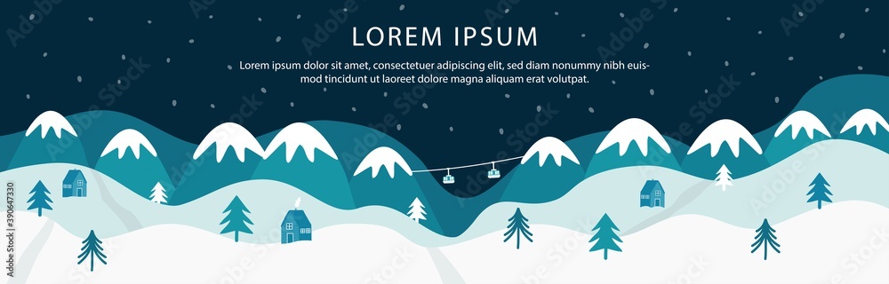Vector illustration of the Christmas, New Year winter landscape with houses, mountains, trees. Winter landscape background with falling snow, spruce forest silhouette. 