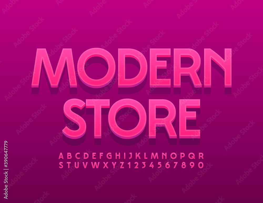 Vector bright banner Modern STore. Trendy Pink Font. 3D stylish Alphabet Letters and Numbers set