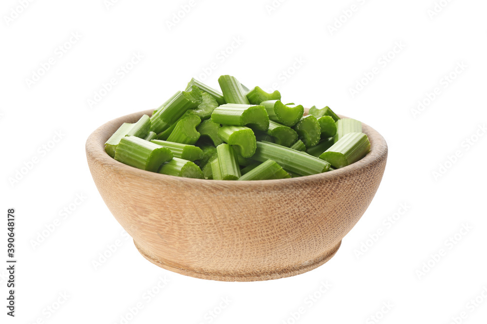 Bowl of chopped fresh green celery isolated on white Bowl of chopped fresh green celery isolated on white
