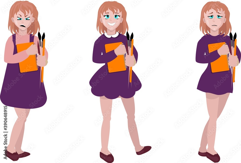Illustration of the different moods of a young girl on a white background. Set girl with different emotions Illustration of the different moods of a young girl on a white background. Set girl with different emotions