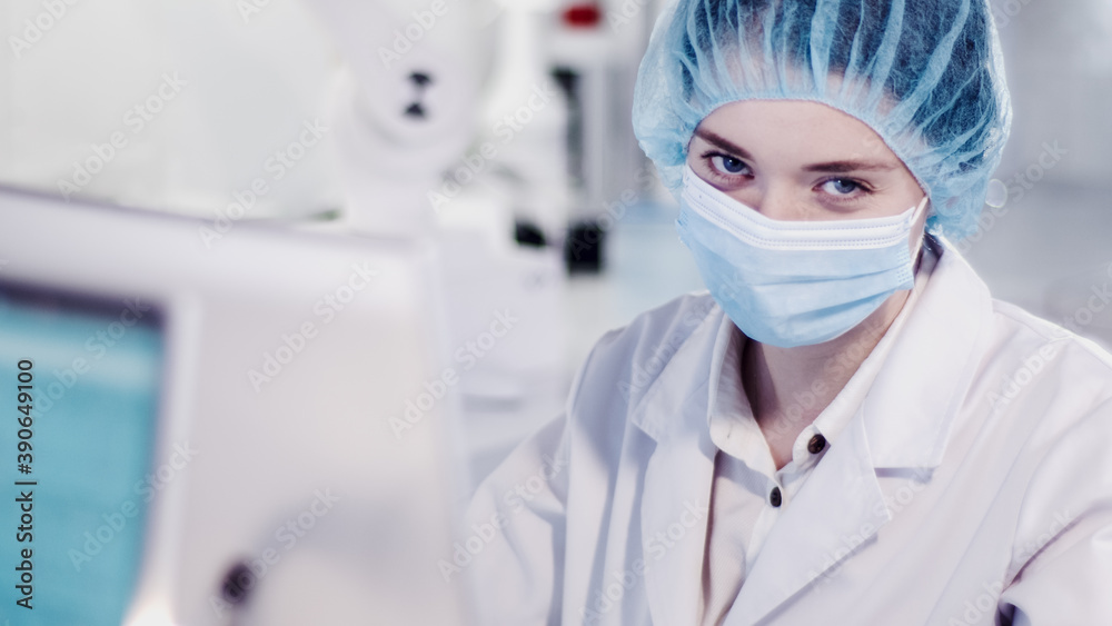 Female scientist testing biohazardous samples, Futuristic laboratory interior Female scientist testing biohazardous samples, Futuristic laboratory interior