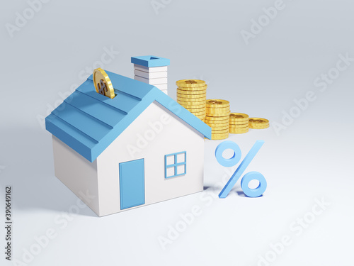 Real estate or property investment. 3D of coin stack with house. Home loan, Reverse mortgage or transforming assets into cash concept. House Loan, Rent and Mortgage Concept. © kittikorn Ph.