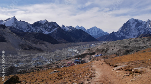 Beautiful panorama view of Khumbu glacier and Sherpa village Gorakshep, the last stop before Mount Everest, with snow-capped majestic mountains viewed from Kala Patthar, Himalayas, Nepal.
