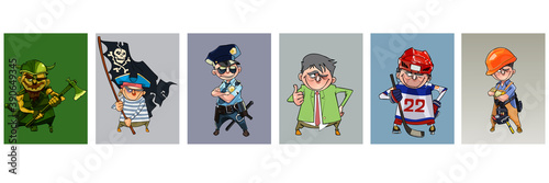 cartoon smiling man in different looks and clothes