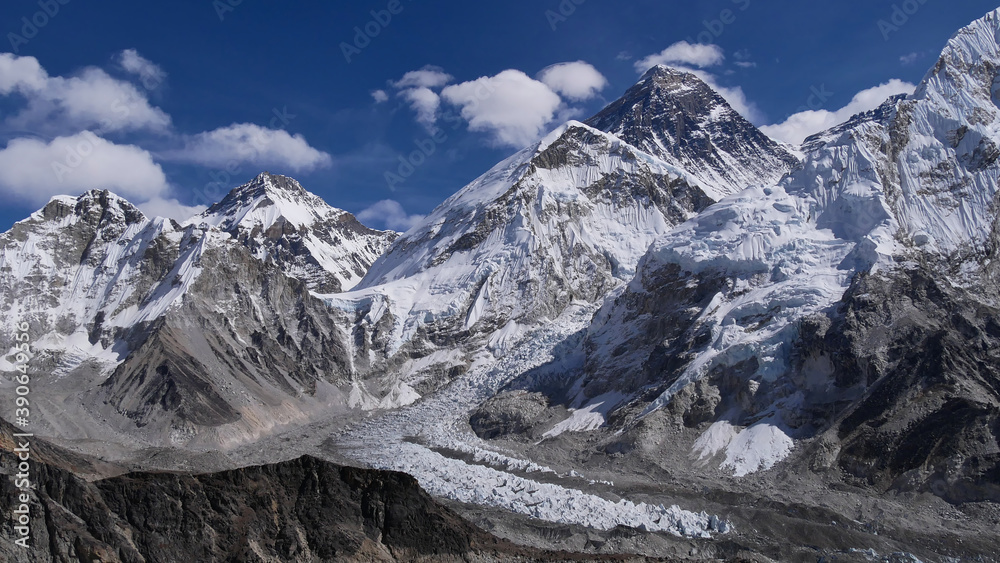 Spectacular panorama view of snow-capped Mount Everest (summit: 8,848 m, also Sagarmatha) with majestic Khumbu ice fall seen from peak of mountain Kala Patthar in the Himalayas, Nepal.