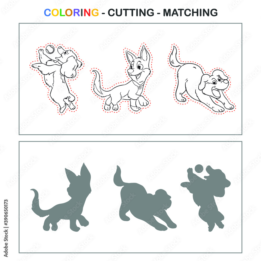 coloring cutting matching work sheet dog education vector