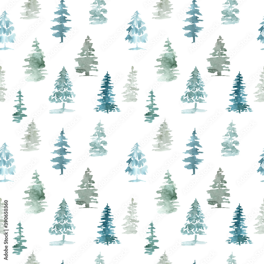 Seamless pattern of pine trees Christmas winter forest on a white background