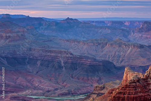 Landscape of the South Rim and Colorado River, Grand Canyon National Park shortly before sunset, Arizona, USA