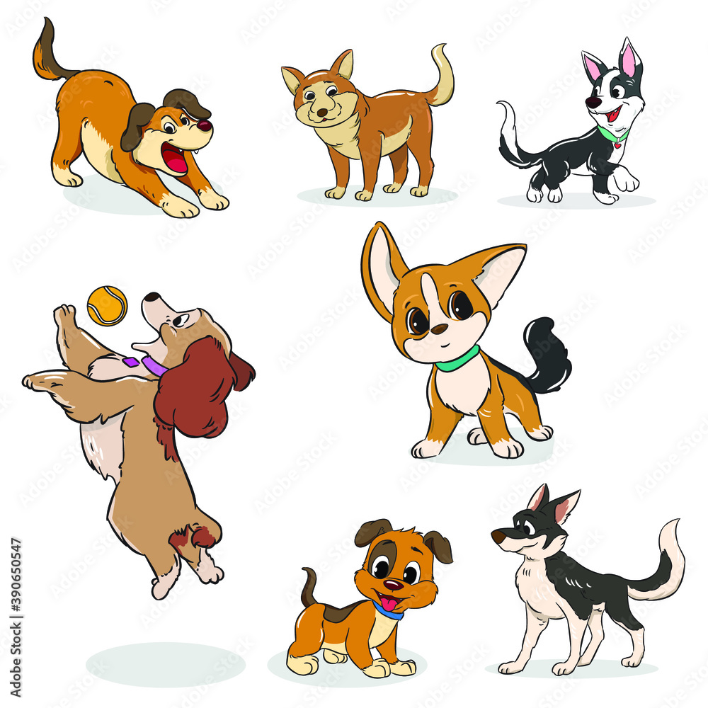 Obraz premium set cute cartoon dogs activities hand draw vector