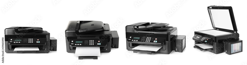 Modern multifunction printer on white background, views from different sides. Banner design Modern multifunction printer on white background, views from different sides. Banner design