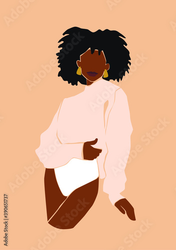 Black abstract afro woman portrait with stylish haircut wearing fashion clothes on the peachy isolated background. Trendy vector illustration.