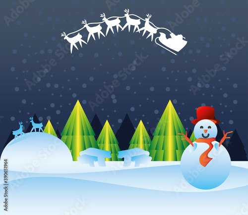 merry christmas, snowman, santa in sleigh, deer, bears, snow scene