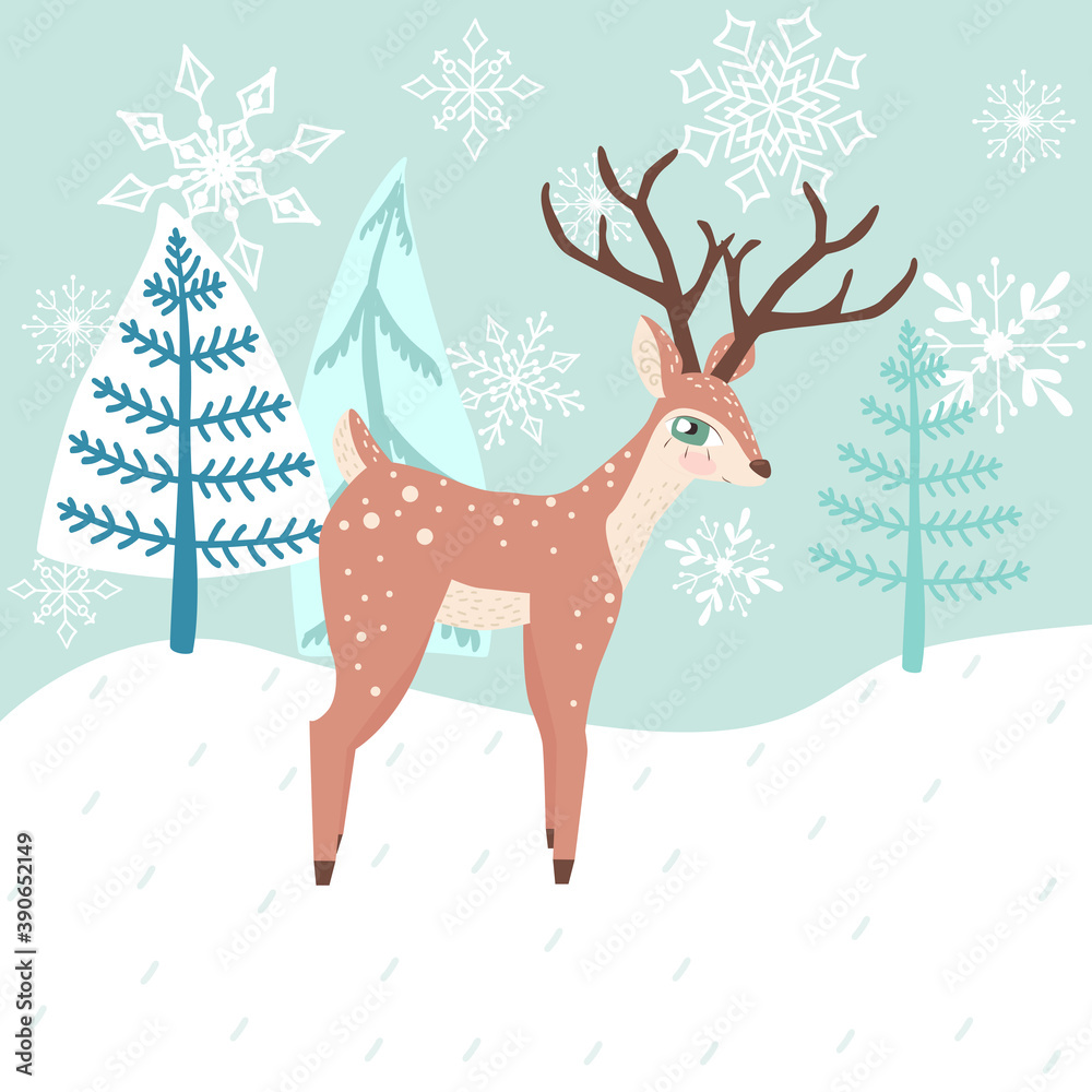 Merry Christmas and holiday cards with fir branches, deer and decorative snowflakes. Merry Christmas card. Card with a deer.