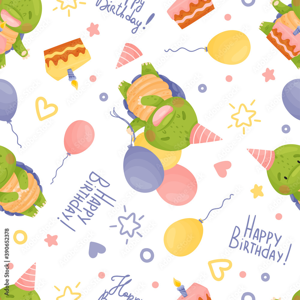 Seamless pattern cute cartoon character. Green turtle in a birthday cap with a piece of cake with a candle and balloons. Happy birthday lettering. Isolated vector illustrations on white background.