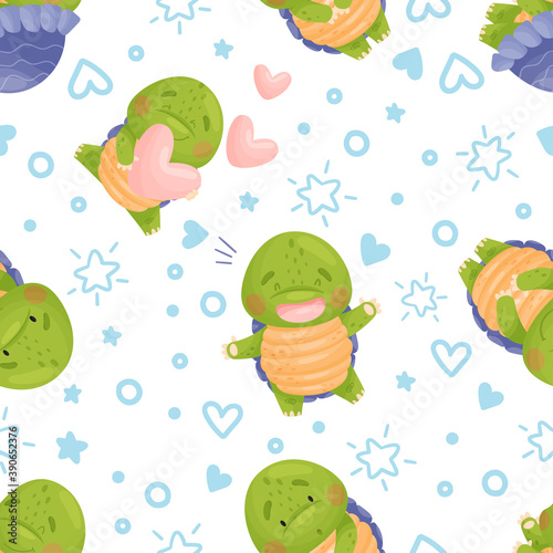 Seamless pattern cute cartoon character. A green turtle holds a pink heart in his hands, laughs. Around blue stars, hearts, circles. Isolated vector illustrations on white background.
