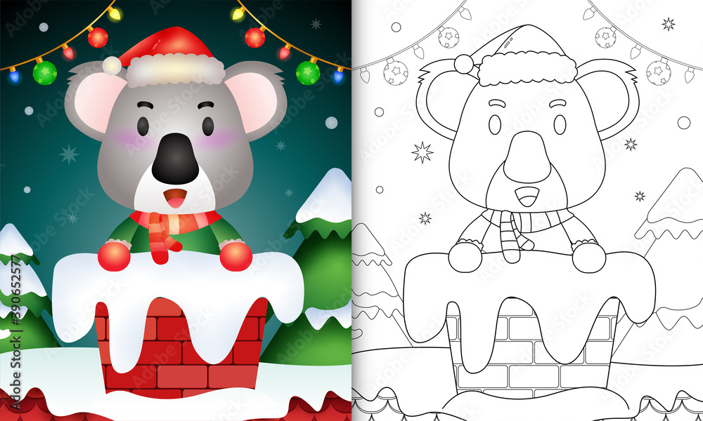 coloring for kids with a cute koala using santa hat and scarf in chimney