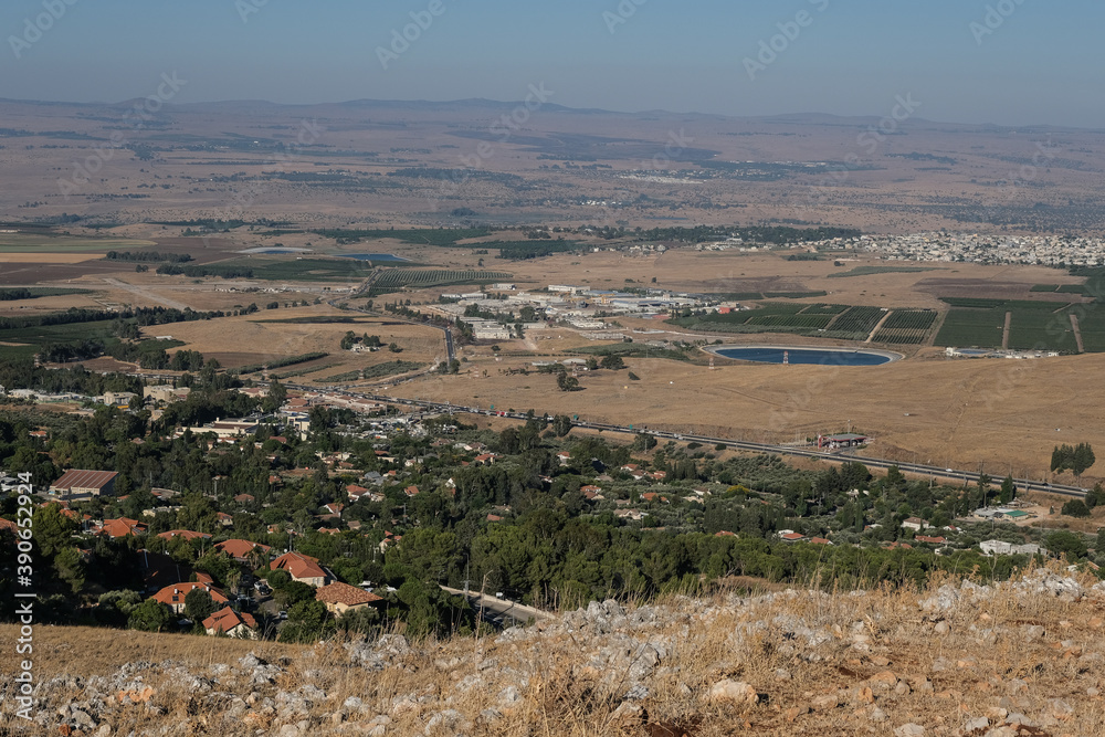 View of Hula Valley with Rosh Pina town and the Galan Heights in the east, Mount Hermom in the north and Lake Kinneret in the south as seen from Mount Canaan slopes, Upper Galilee, Israel.  