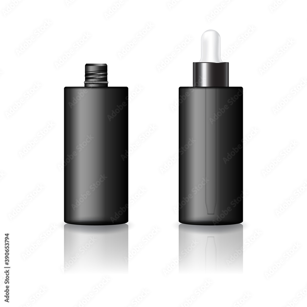 Blank black cylinder cosmetic bottle with white-black dropper lid product mockup template.