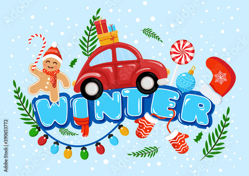 Winter Christmas illustration with red car, sweets and New Year decorations for postcard poster, banner, cover, flyer, calendar. Merry Christmas and Happy New Year. Winter. 2021.