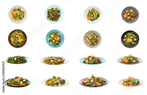 Set of tasty persimmon salads on white background