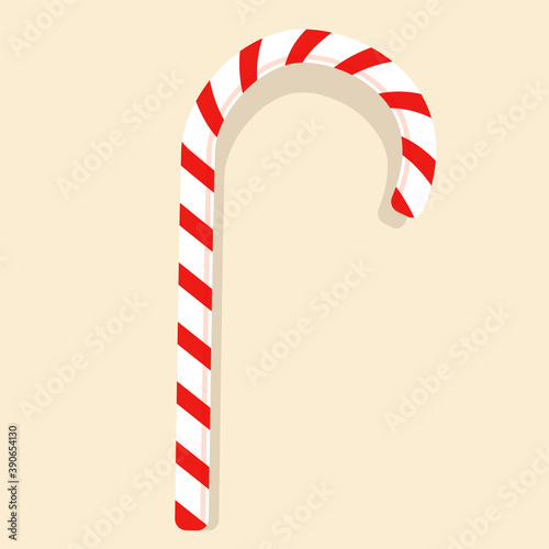 Vector winter christmas and new year striped red lollipop cane. Illustration for the winter holiday. Symbol, sign and sticker concept. Cartoon style isolated