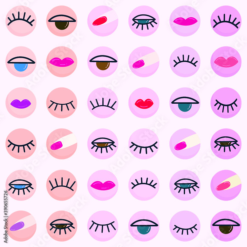 Eye lips eyelash nail beauty and colorful icon set repeat pattern and seamless vector 