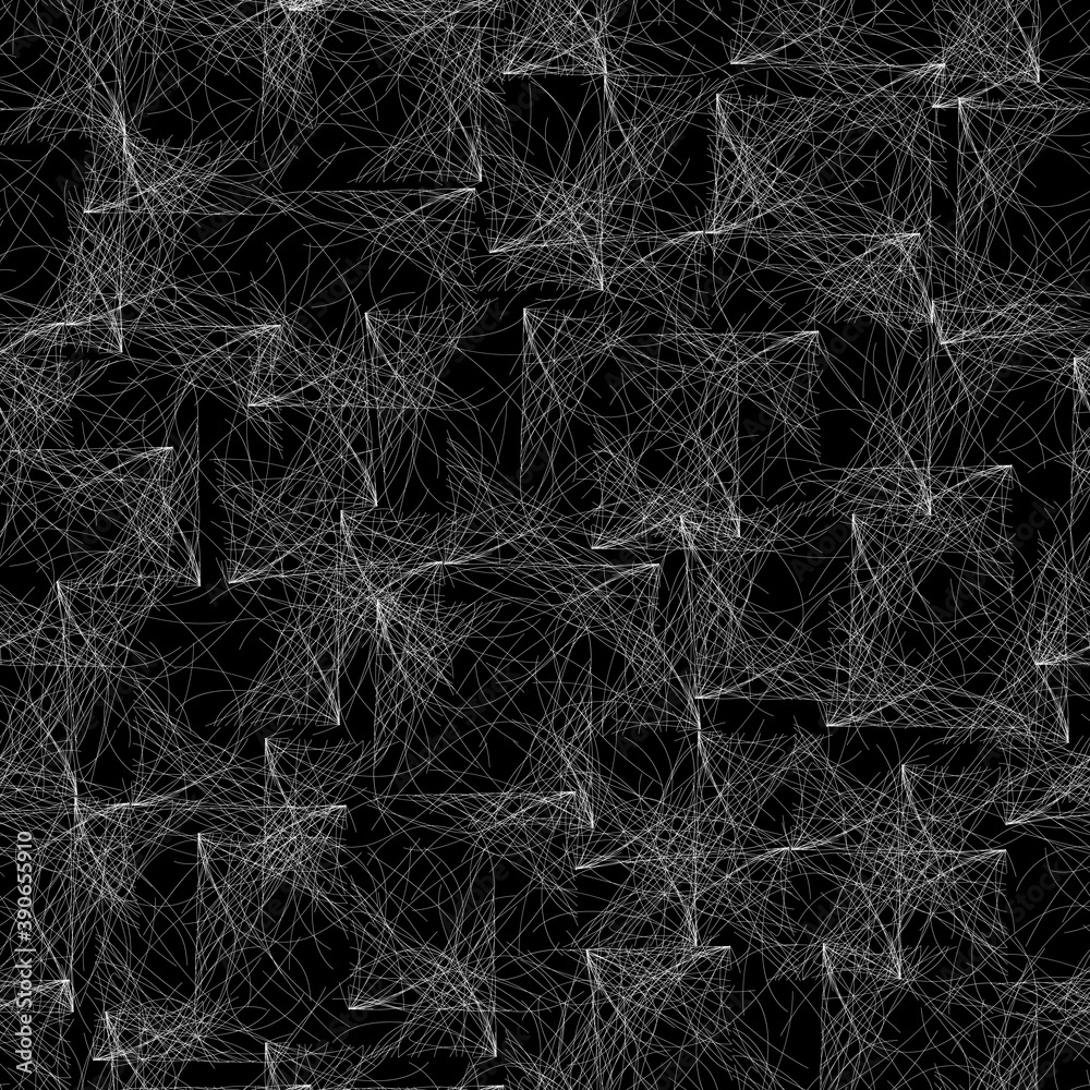 White spider web on a black background, abstract seamless pattern of threads. Black and white texture for web design