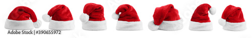 Set of red Santa hats on white background. Banner design