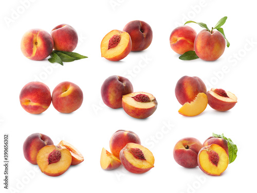 Set of fresh ripe peaches on white background