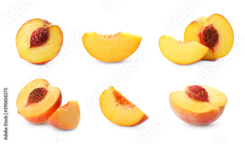 Set of cut ripe peaches on white background