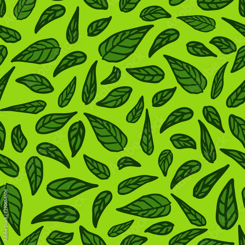 Seamless vector pattern with leaves on green background. Simple floral wallpaper texture.Botanical fashion textile design.