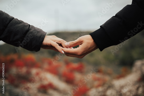 Obraz na płótnie Close up of arms of young couple in love holding hands. The holding hands together in autumn park. Romantic relationship. w salonie