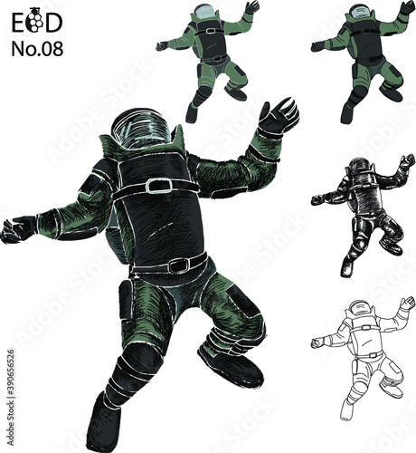 Hand drawn a bomb suit must protect all parts of the body, Soldier in bomb suit with fire bomb cartoon vector