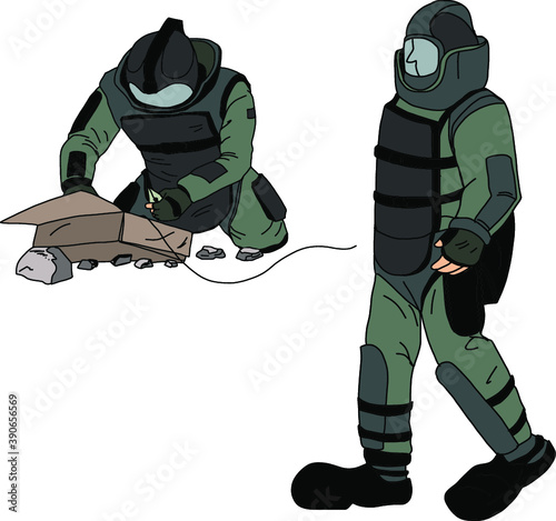 Hand drawn a bomb suit must protect all parts of the body, Soldier in bomb suit with fire bomb cartoon vector