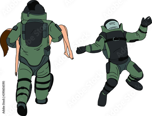 Hand drawn a bomb suit must protect all parts of the body, Soldier in bomb suit with fire bomb cartoon vector