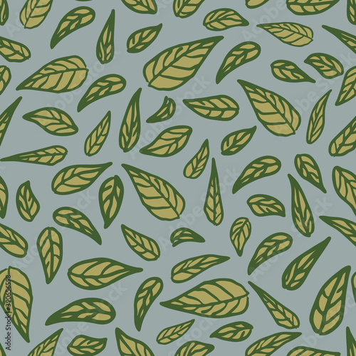 Seamless vector pattern with leaves on grey background. Beautiful floral wallpaper texture. Simple decorative fashion textile design.
