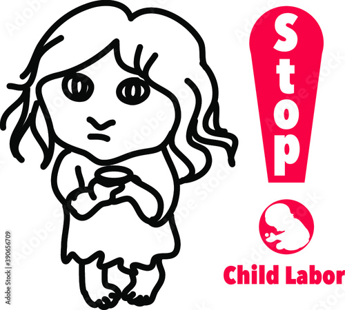 Hand drawn child poverty vector illustration.child beggar vector,sad child beggar,stop child labour