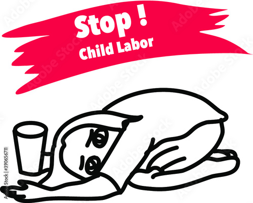 Hand drawn child poverty vector illustration.child beggar vector,sad child beggar,stop child labour