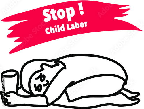 Hand drawn child poverty vector illustration.child beggar vector,sad child beggar,stop child labour