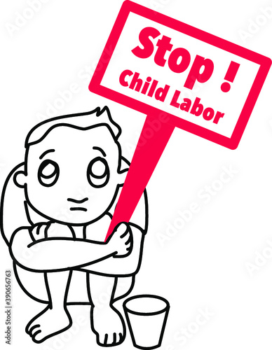 Hand drawn child poverty vector illustration.child beggar vector,sad child beggar,stop child labour