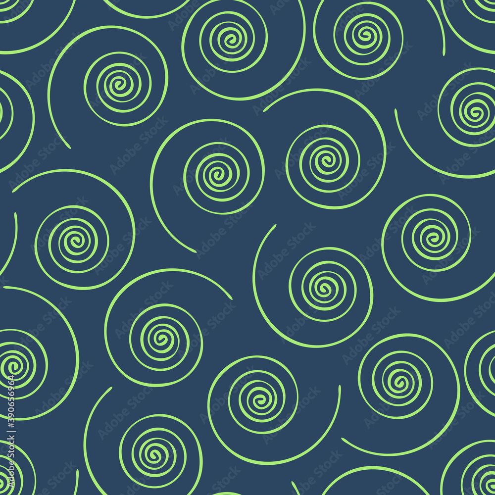 Seamless vector pattern with spiral lines on blue background. Simple twirl wallpaper design. Artistic fashion textile texture.