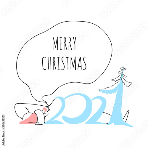 Santa lies on his back 2021. The story of Santa having a rest before the new year and blowing out a cloud with the inscription Merry Christmas. Vector stock illustration isolated on white background.