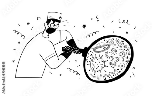 Doodle character scientist in a medical mask with a huge magnifying glass. Microorganisms, streptococci, coronavirus, bacilli, treponema are visible through the lens. Vector stock illustration.