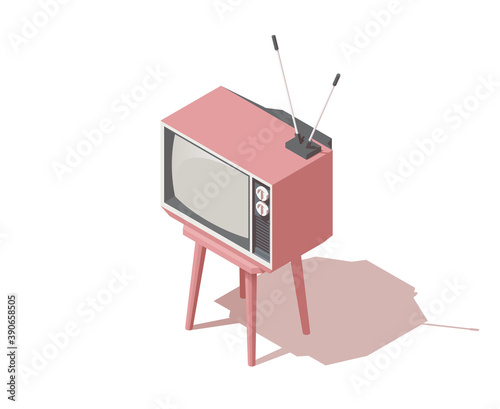 Vector isometric analogue retro TV with antenna, channel and signal selector.