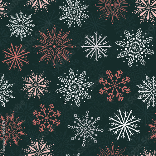 Christmas vector repeat pattern with hand drawn snowflakes