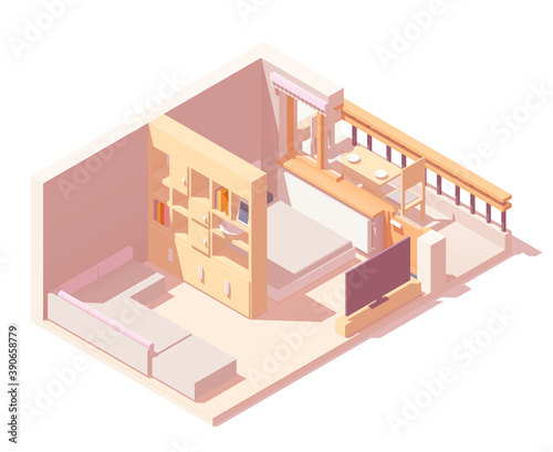 Vector isometric zoned bedroom interior with a bed, wardrobe, sofa, windows and balcony. Modern cozy interior apartment or house concept