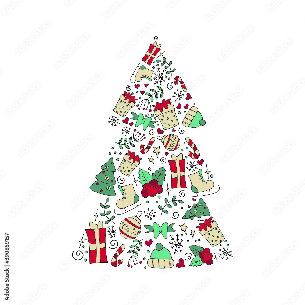 New year and Christmas tree. Bright color pattern christmas tree. Unique design for your greeting cards, banners, flyers. Vector illustration. Hand-Drawn. Flat design. New year and Christmas tree. Bright color pattern christmas tree. Unique design for your greeting cards, banners, flyers. Vector illustration. Hand-Drawn. Flat design.